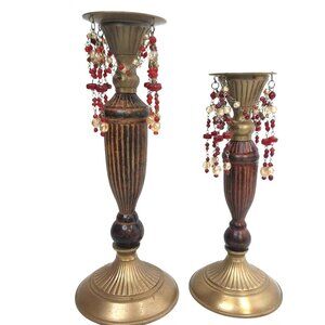 Vintage Brass & Laquered Wood Candlestick Holders Beaded Garland Pair Set of 2